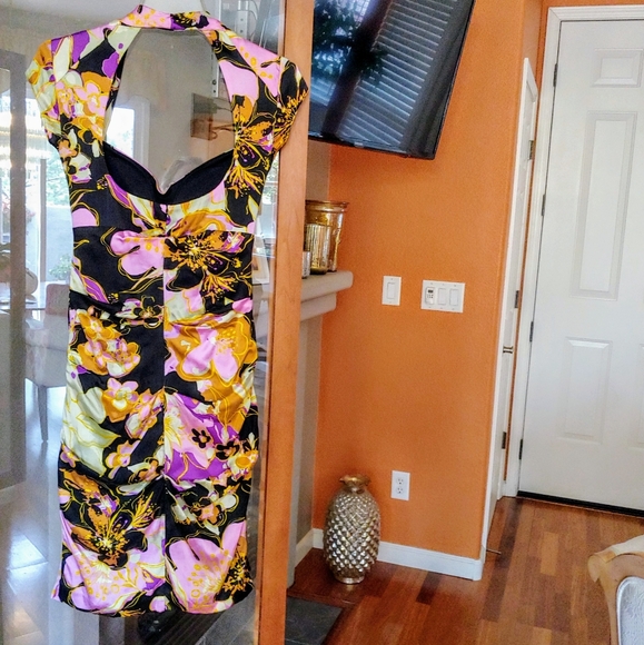 Y2K Cache Silk Cap Sleeve Square Neck Ruched Dress Padded Top - Picture 1 of 5